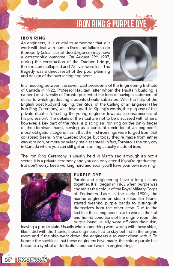 Inner page of the Frosh Handbook about the iron ring and purple dye with a lego border around the edges of the page