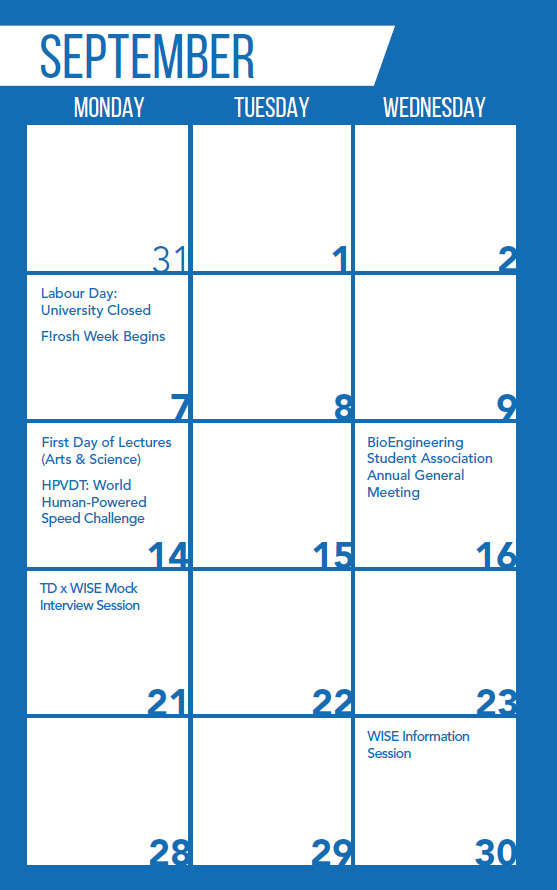 Monthly planning page of the Skule Planner. It is blue and white