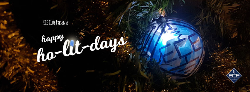 Promotional banner image for the Happy Holitdays event. In the background there is an ornament hanging on a Christmas tree