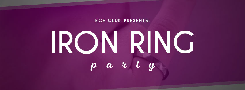 Promotional banner image for the Iron Ring party. It is purple and in the background there is someone wearing an iron ring